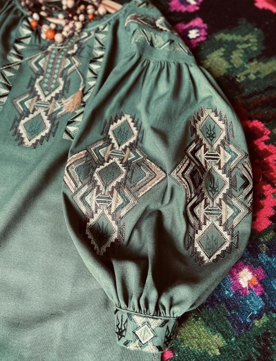 Custom Linen Vyshyvanka Blouse – Sage Green Embroidered Boho Ethno Folk Shirt