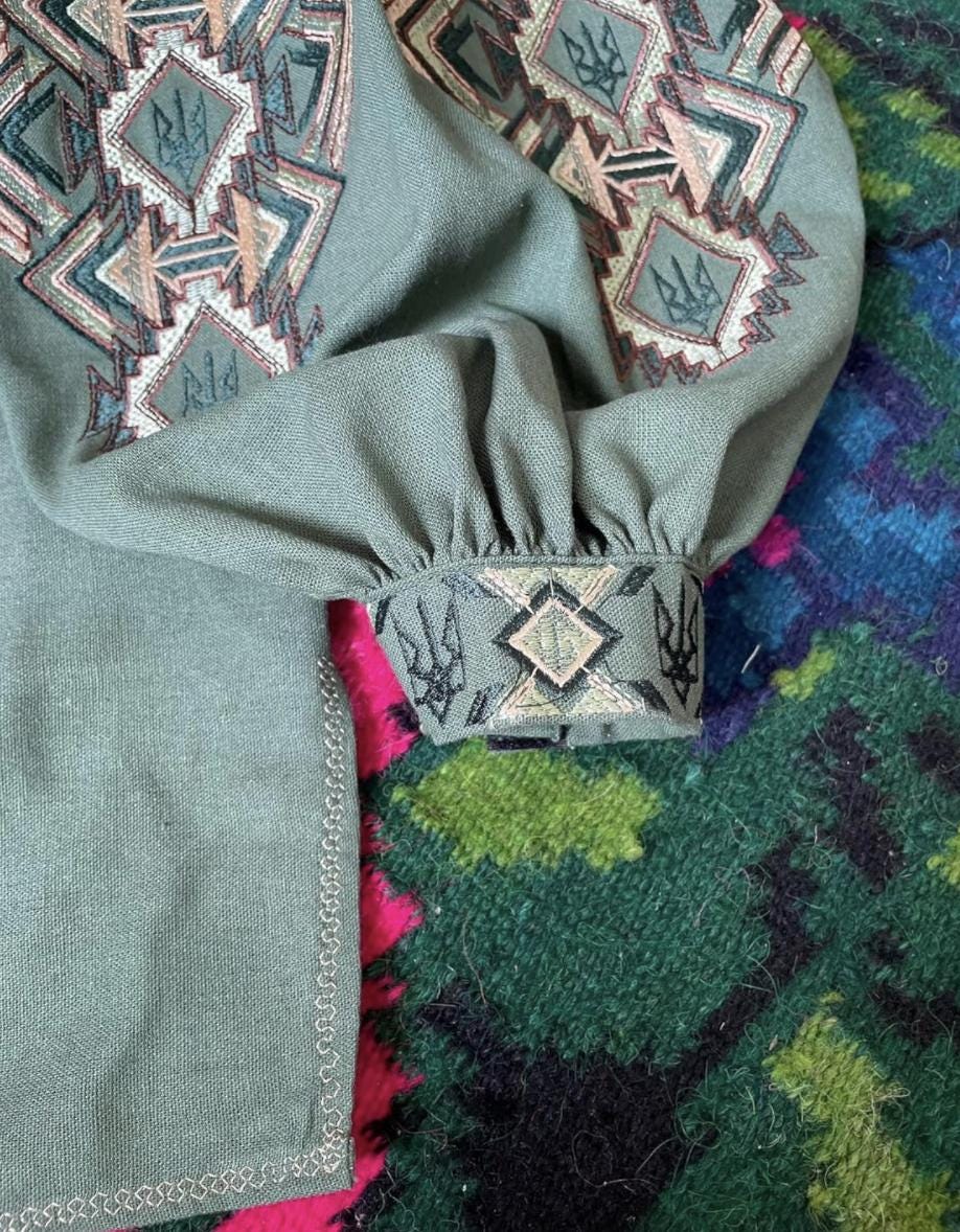 Custom Linen Vyshyvanka Blouse – Sage Green Embroidered Boho Ethno Folk Shirt