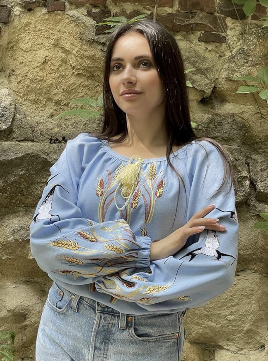 Blue Linen Vyshyvanka, Swallow Bird Embroidery, Wheat Ear Blouse, Ukrainian Boho Top, Spring Peace Symbol Gift
