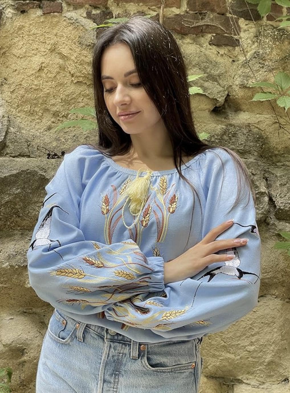 Blue Linen Vyshyvanka, Swallow Bird Embroidery, Wheat Ear Blouse, Ukrainian Boho Top, Spring Peace Symbol Gift