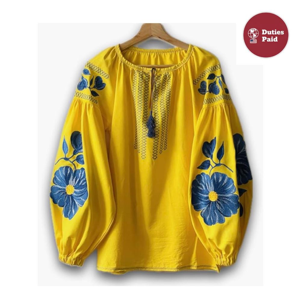 Yellow Ukrainian Vyshyvanka Blouse | Blue Floral Embroidered Linen Top for Women | Boho Folk Peasant Shirt | Support Ukraine Gift