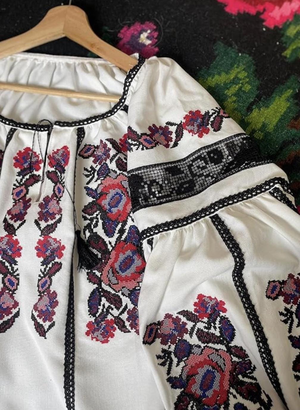 White Linen Vyshyvanka | Floral Embroidered Blouse with Black Lace | Ukrainian Family Look Shirt | Boho Folk Top for Women | Rose Embroidery