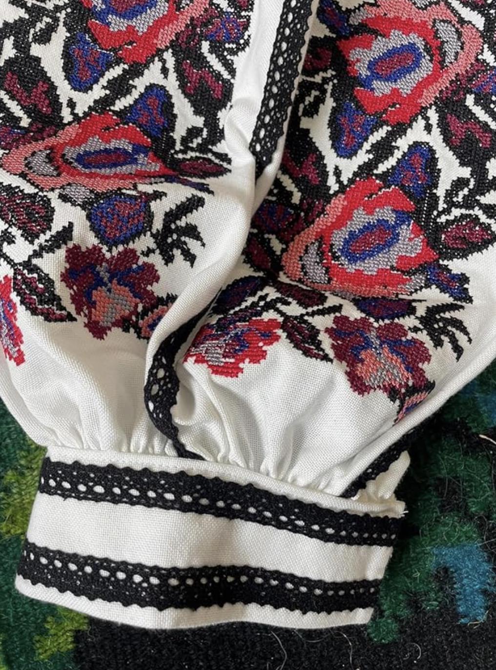 White Linen Vyshyvanka | Floral Embroidered Blouse with Black Lace | Ukrainian Family Look Shirt | Boho Folk Top for Women | Rose Embroidery