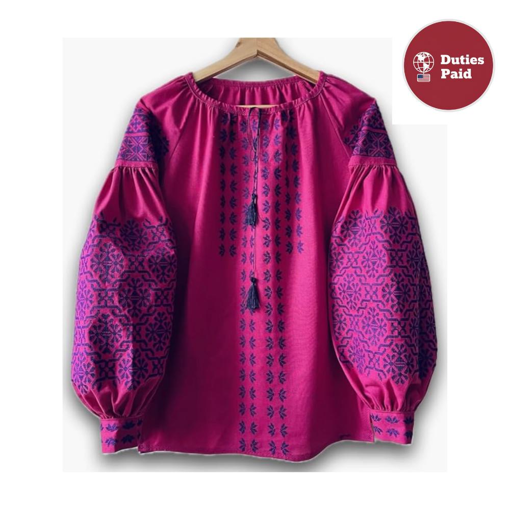 Magenta Ukrainian Vyshyvanka | Pink Linen Blouse with Navy Blue Embroidery | Boho Folk Top | Balloon Sleeve Shirt | Family Look Outfit