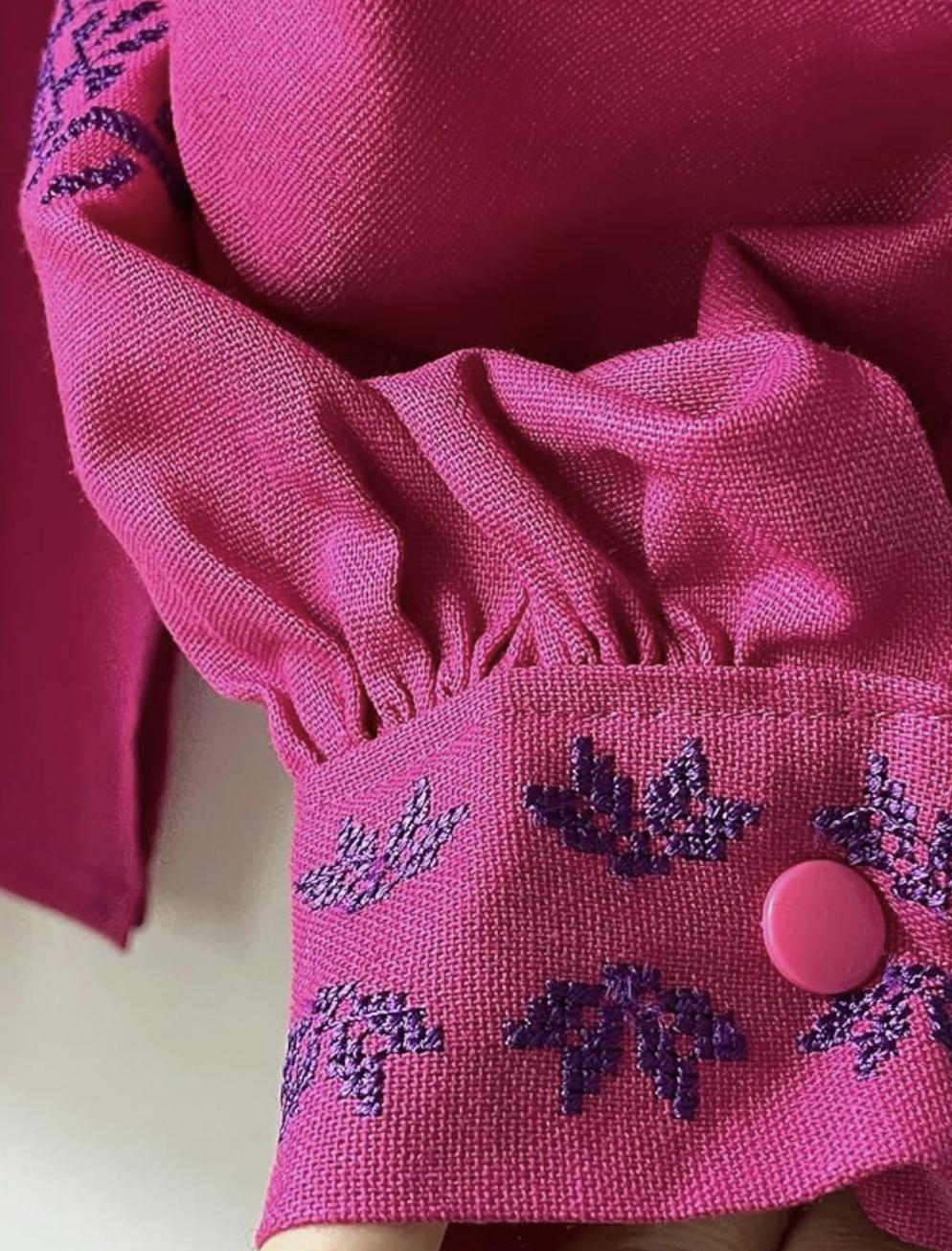 Magenta Ukrainian Vyshyvanka | Pink Linen Blouse with Navy Blue Embroidery | Boho Folk Top | Balloon Sleeve Shirt | Family Look Outfit