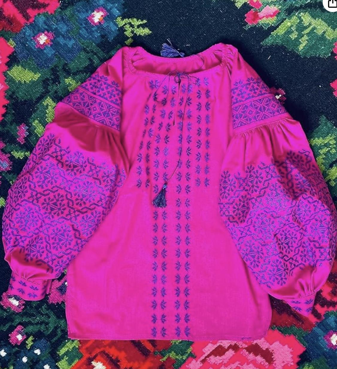 Magenta Ukrainian Vyshyvanka | Pink Linen Blouse with Navy Blue Embroidery | Boho Folk Top | Balloon Sleeve Shirt | Family Look Outfit