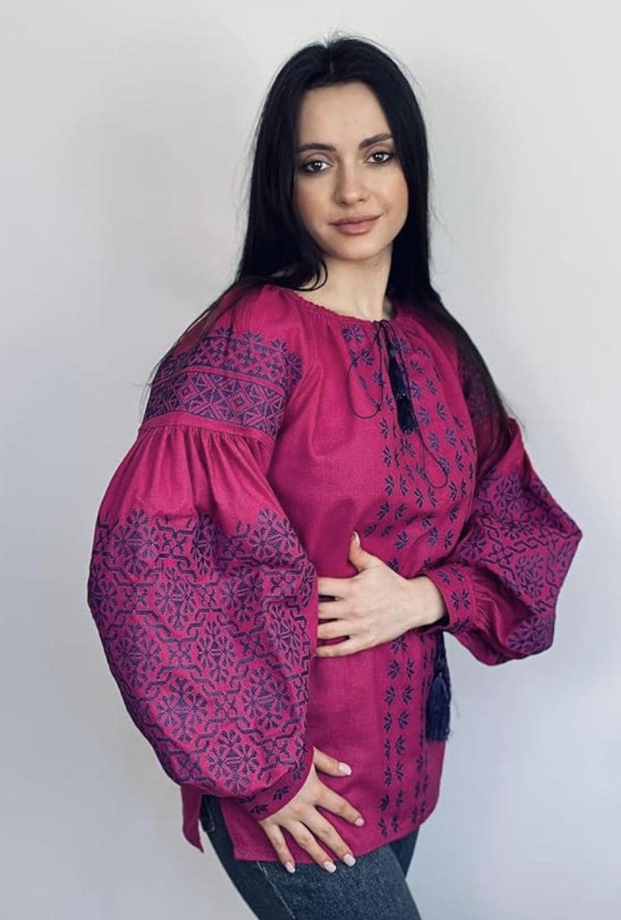 Magenta Ukrainian Vyshyvanka | Pink Linen Blouse with Navy Blue Embroidery | Boho Folk Top | Balloon Sleeve Shirt | Family Look Outfit