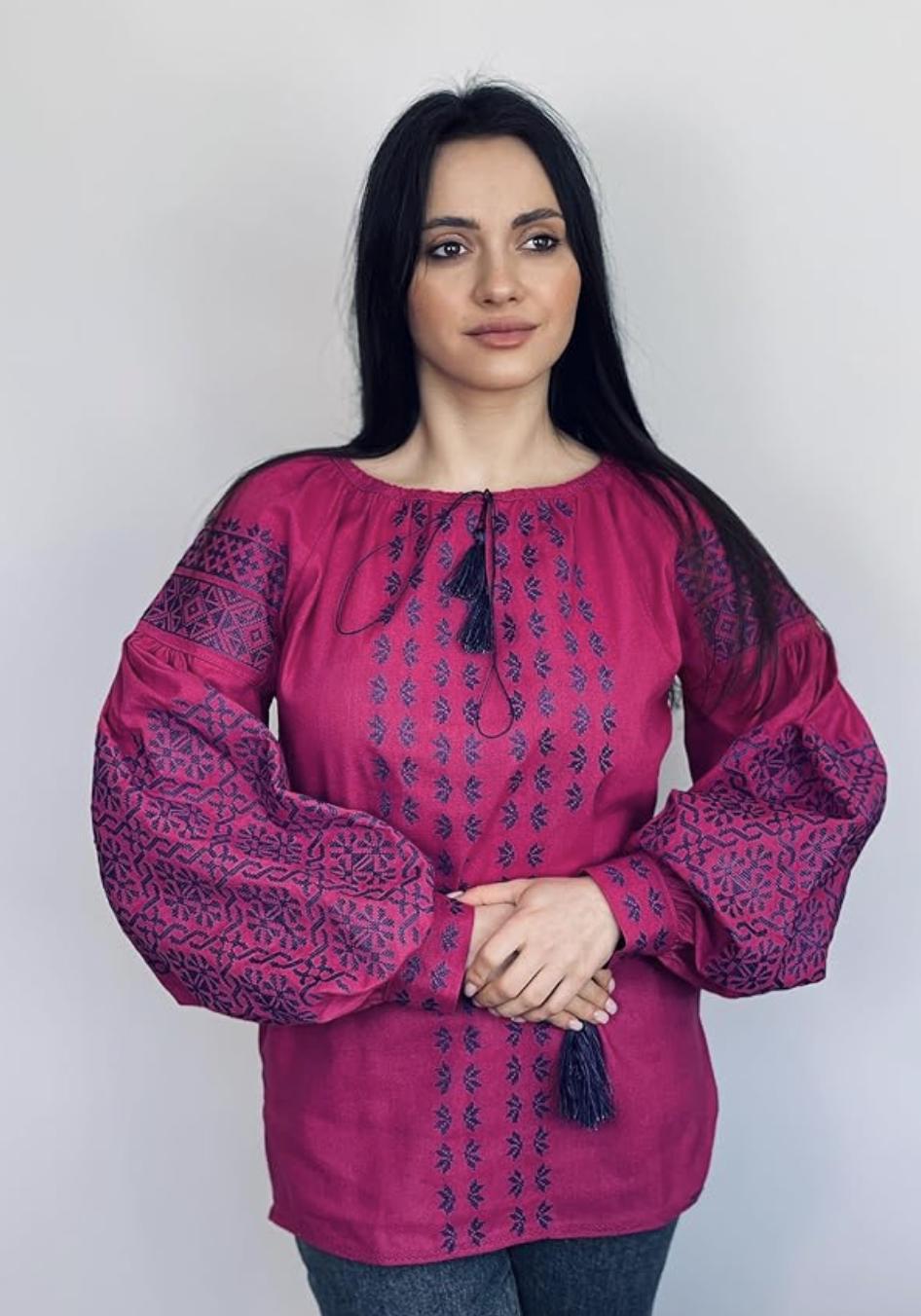 Magenta Ukrainian Vyshyvanka | Pink Linen Blouse with Navy Blue Embroidery | Boho Folk Top | Balloon Sleeve Shirt | Family Look Outfit