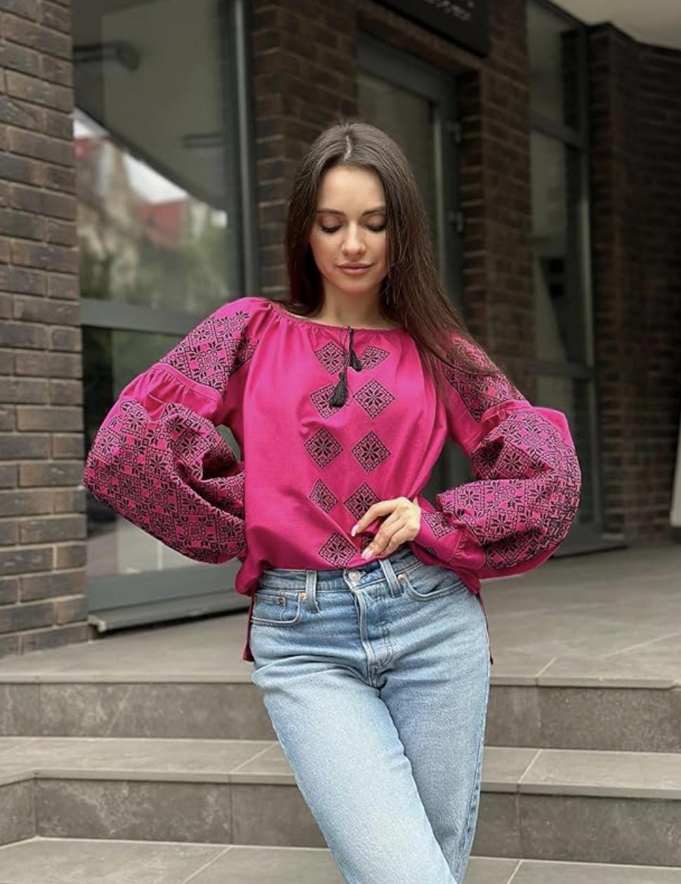 Magenta Ukrainian Vyshyvanka | Pink Linen Blouse with Navy Blue Embroidery | Boho Folk Top | Balloon Sleeve Shirt | Family Look Outfit