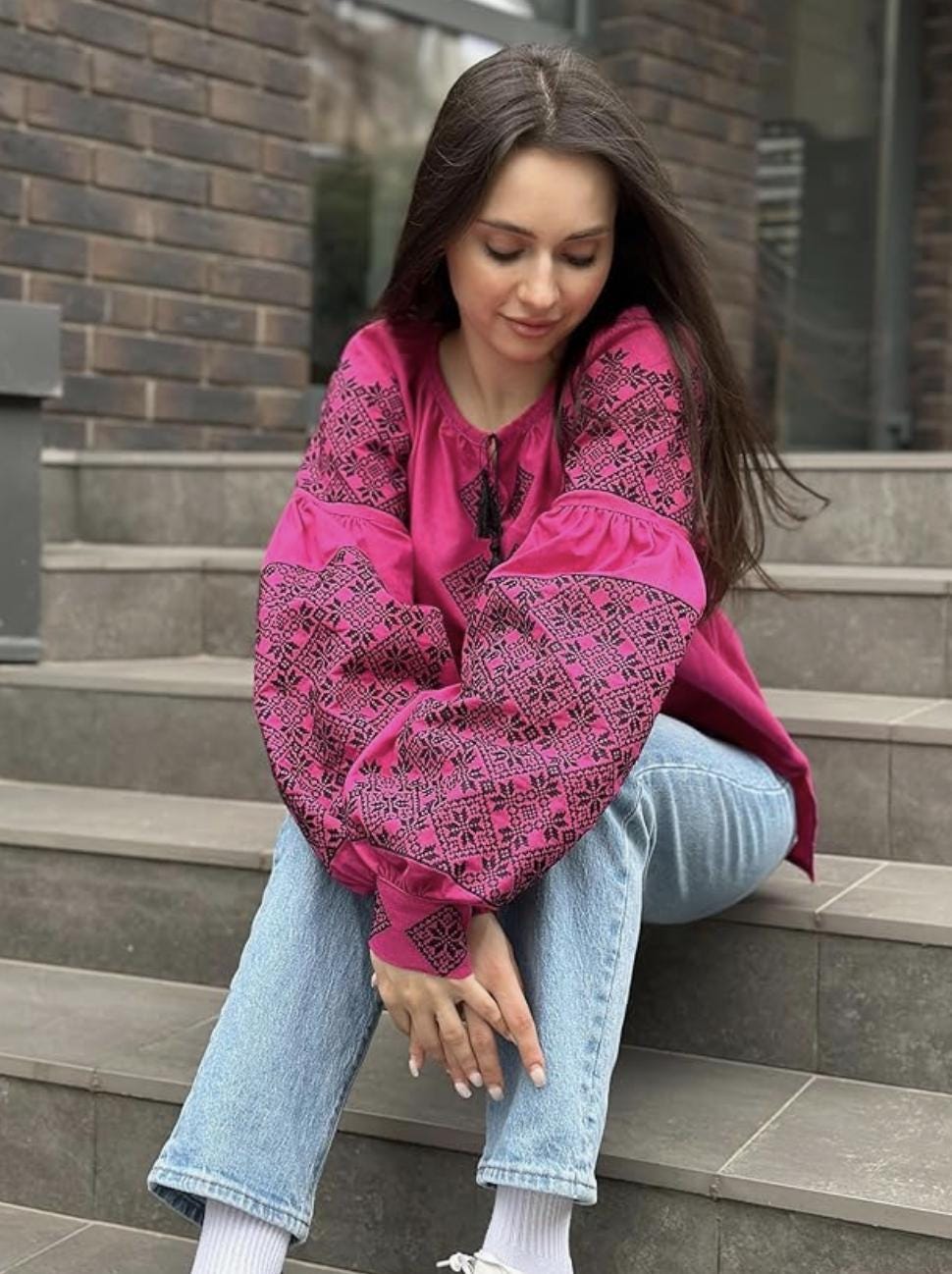 Magenta Ukrainian Vyshyvanka | Pink Linen Blouse with Navy Blue Embroidery | Boho Folk Top | Balloon Sleeve Shirt | Family Look Outfit