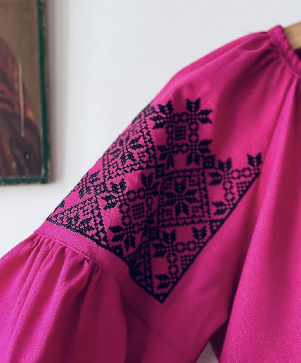 Magenta Ukrainian Vyshyvanka | Pink Linen Blouse with Navy Blue Embroidery | Boho Folk Top | Balloon Sleeve Shirt | Family Look Outfit