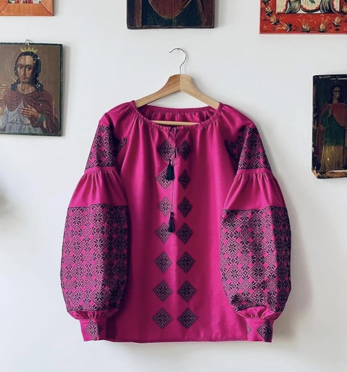 Magenta Ukrainian Vyshyvanka | Pink Linen Blouse with Navy Blue Embroidery | Boho Folk Top | Balloon Sleeve Shirt | Family Look Outfit