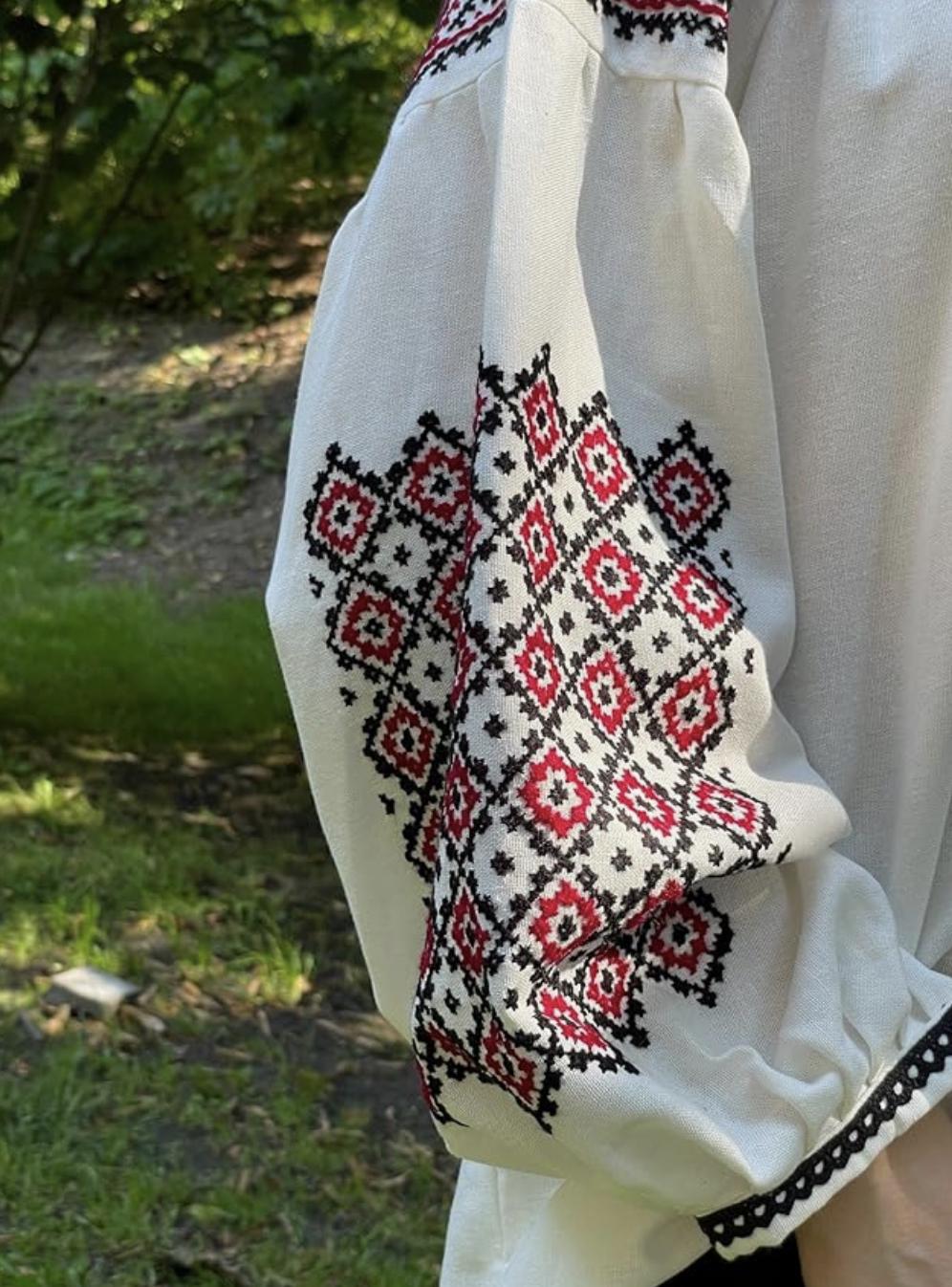 Hand Embroidered Ukrainian Vyshyvanka | Handmade Blouse | Red & Black Geometric Cross Stitch Top | Boho Folk Peasant Shirt