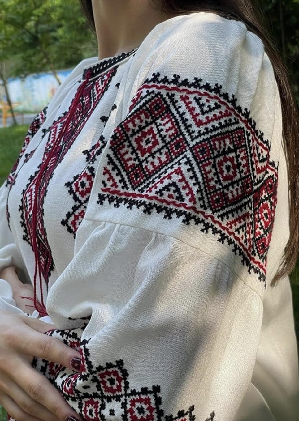 Hand Embroidered Ukrainian Vyshyvanka | Handmade Blouse | Red & Black Geometric Cross Stitch Top | Boho Folk Peasant Shirt