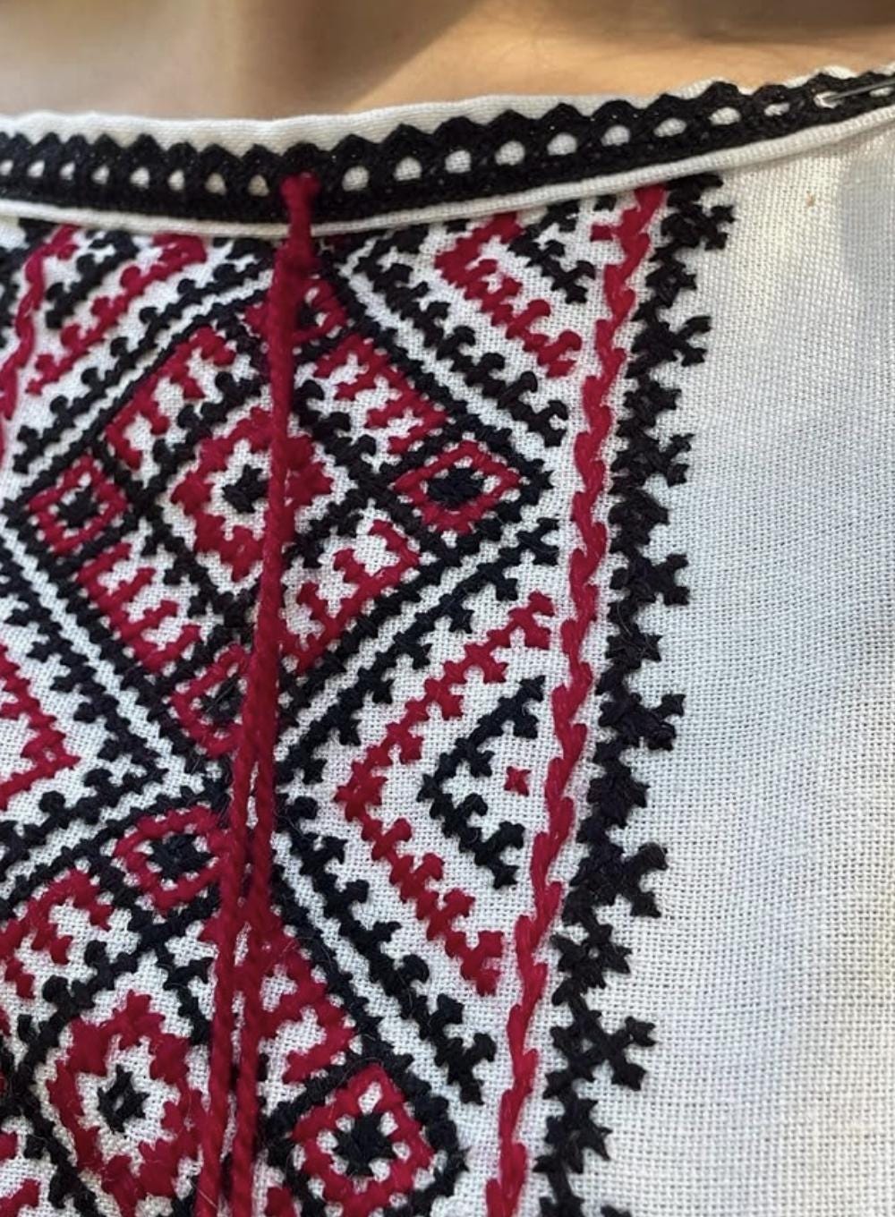 Hand Embroidered Ukrainian Vyshyvanka | Handmade Blouse | Red & Black Geometric Cross Stitch Top | Boho Folk Peasant Shirt