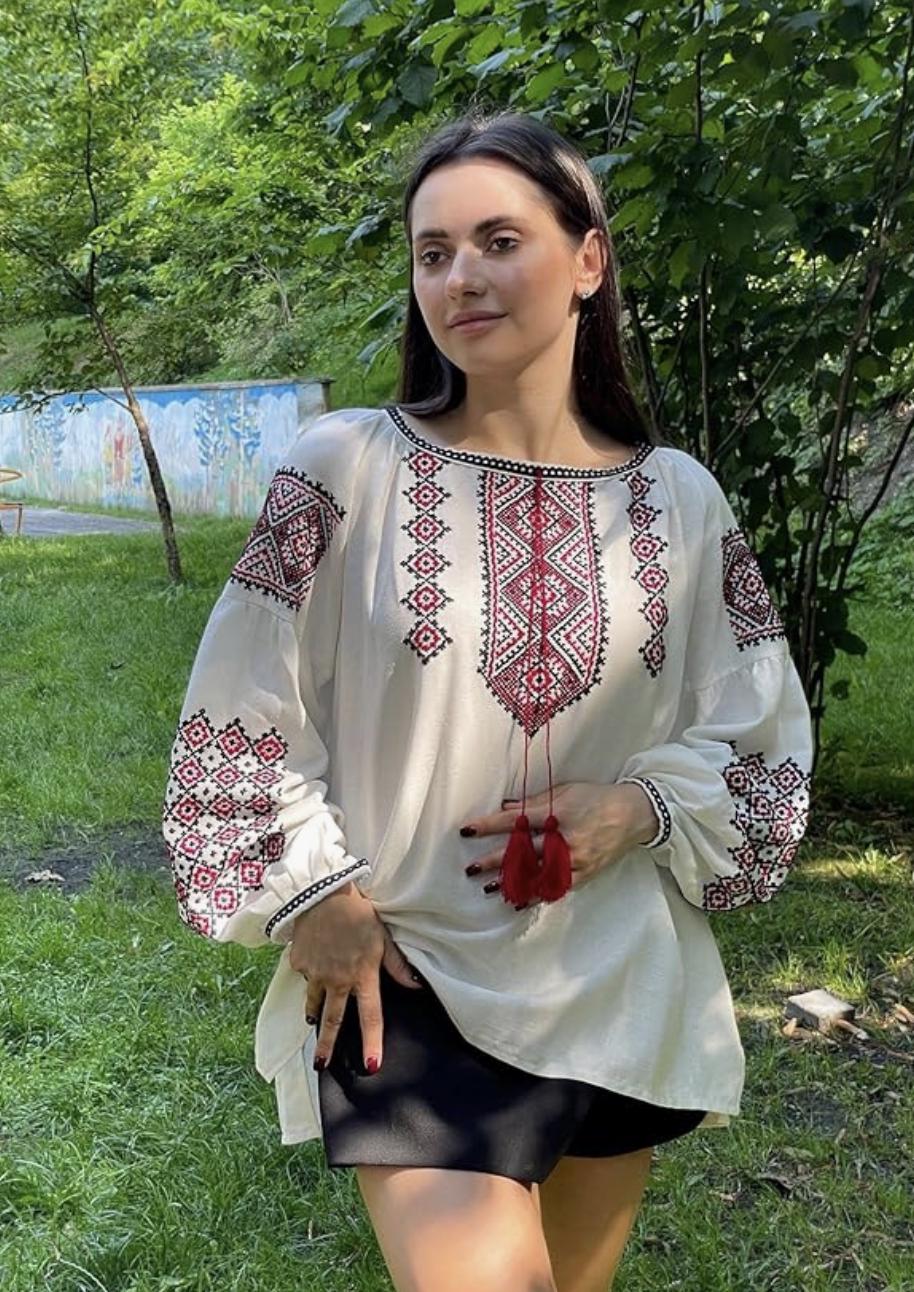 Hand Embroidered Ukrainian Vyshyvanka | Handmade Blouse | Red & Black Geometric Cross Stitch Top | Boho Folk Peasant Shirt