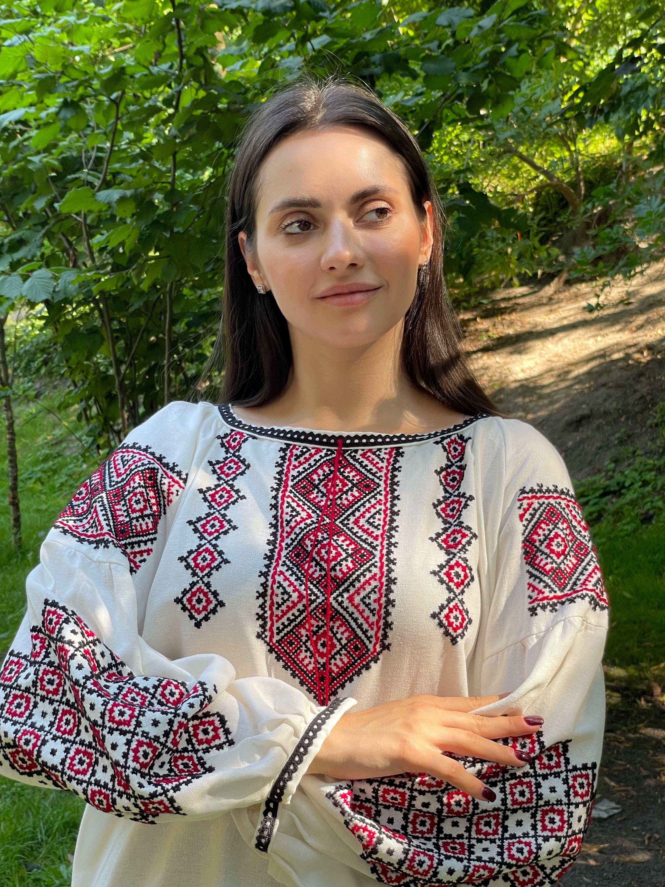 Hand Embroidered Ukrainian Vyshyvanka | Handmade Blouse | Red & Black Geometric Cross Stitch Top | Boho Folk Peasant Shirt