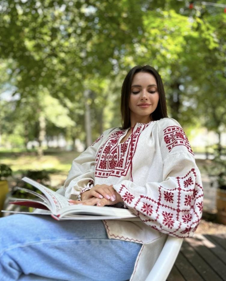 Hand Embroidered Blouse, Red Geometric Top, Boho Linen Cotton Shirt, Ukrainian Vyshyvanka, Bishop Sleeve Tunic, Custom Size, Artisan Made