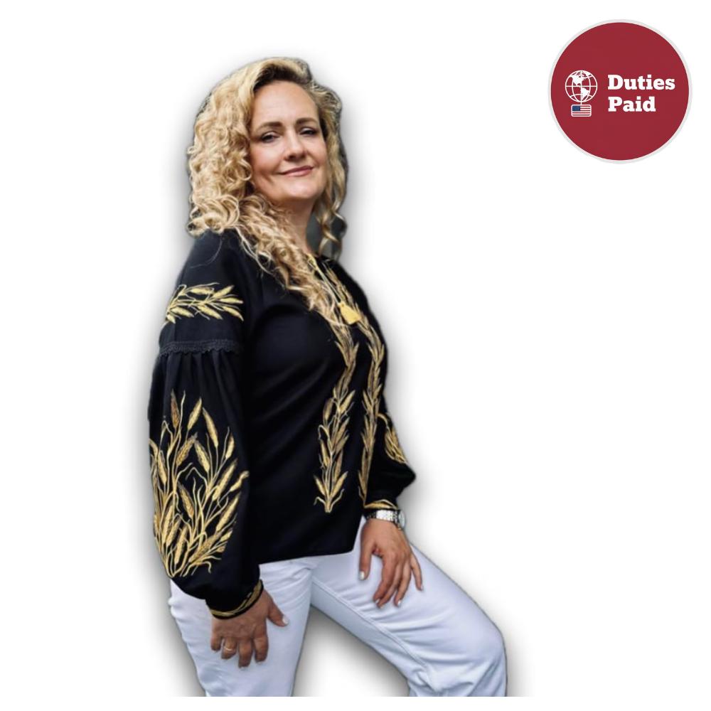 Elegant Boho Top, Black and Gold Embroidery, Wedding Guest Blouse, Eco Gift Packaging, Sustainable Fashion, Custom Fit Vyshyvanka, Artisan