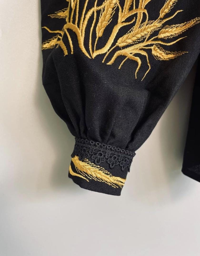 Elegant Boho Top, Black and Gold Embroidery, Wedding Guest Blouse, Eco Gift Packaging, Sustainable Fashion, Custom Fit Vyshyvanka, Artisan
