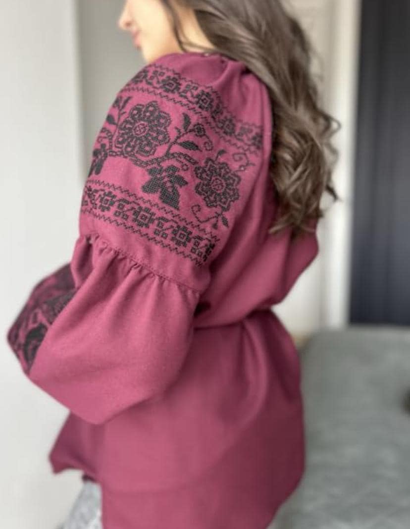 Burgundy Vyshyvanka Blouse – Black Embroidery Ukrainian Boho Ethno Folk Shirt