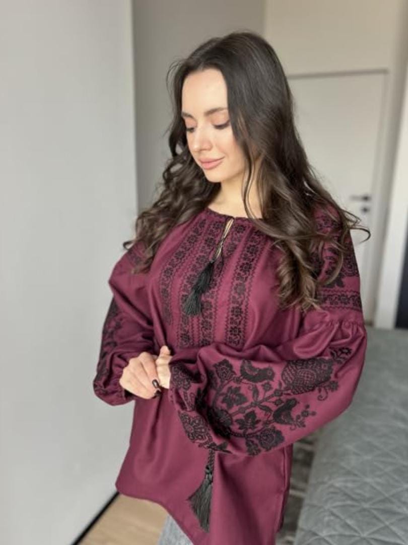 Burgundy Vyshyvanka Blouse – Black Embroidery Ukrainian Boho Ethno Folk Shirt
