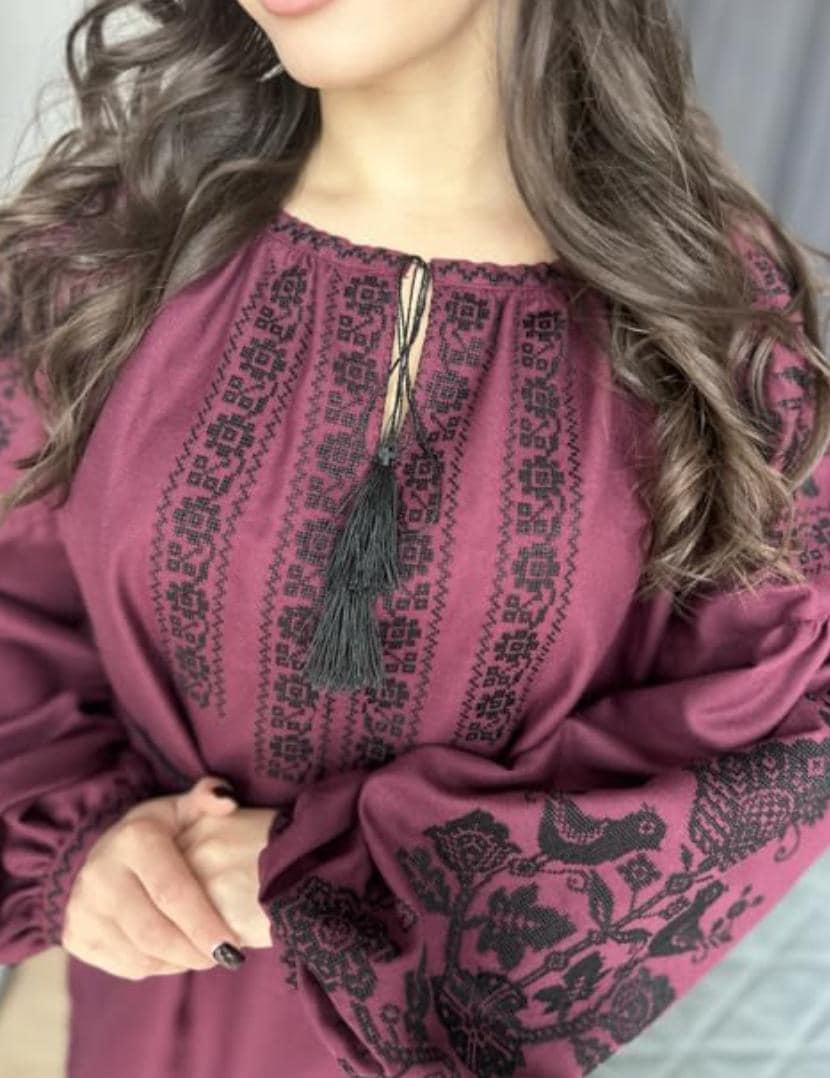Burgundy Vyshyvanka Blouse – Black Embroidery Ukrainian Boho Ethno Folk Shirt