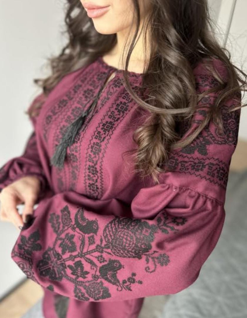 Burgundy Vyshyvanka Blouse – Black Embroidery Ukrainian Boho Ethno Folk Shirt
