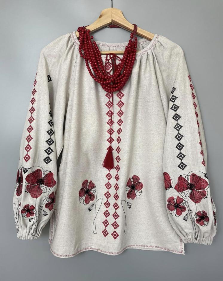 Boho Ethno Vyshyvanka – Gray Blouse with Red Poppies and Traditional Patterns