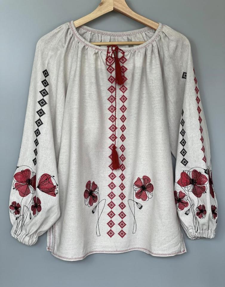 Boho Ethno Vyshyvanka – Gray Blouse with Red Poppies and Traditional Patterns