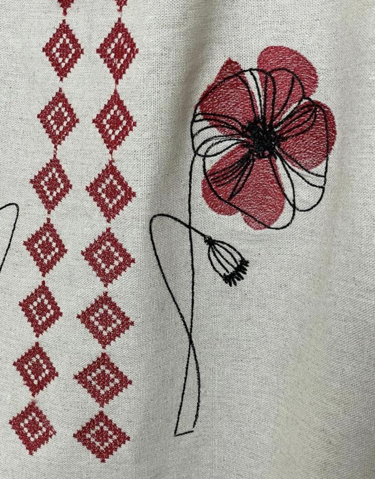 Boho Ethno Vyshyvanka – Gray Blouse with Red Poppies and Traditional Patterns