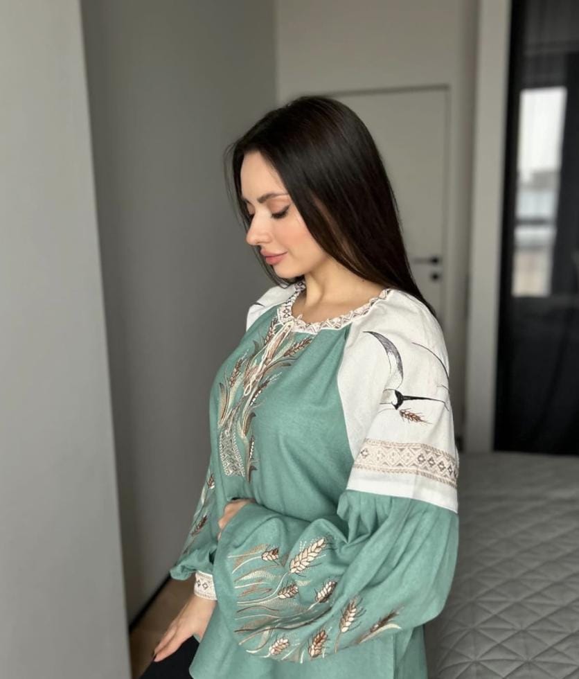 Mint Vyshyvanka Blouse – Handmade Embroidery Wheat and Swallows Folk Shirt