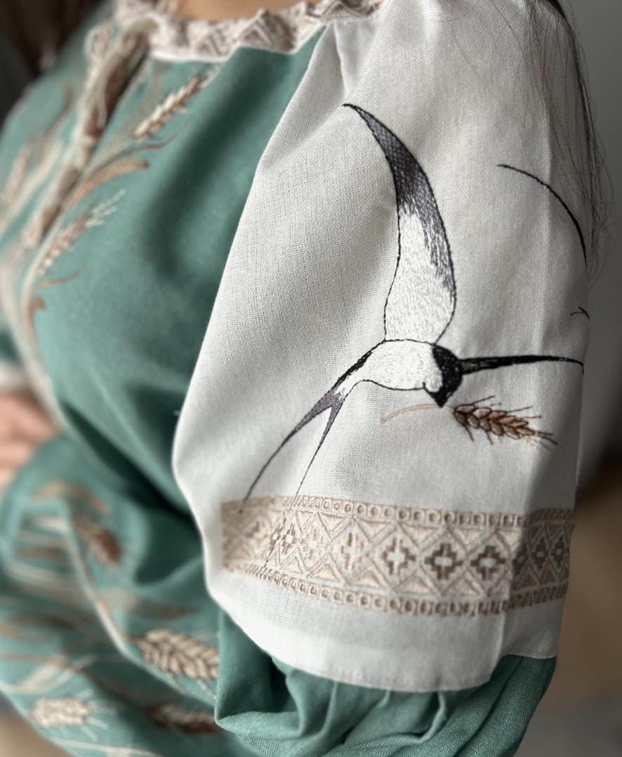 Mint Vyshyvanka Blouse – Handmade Embroidery Wheat and Swallows Folk Shirt