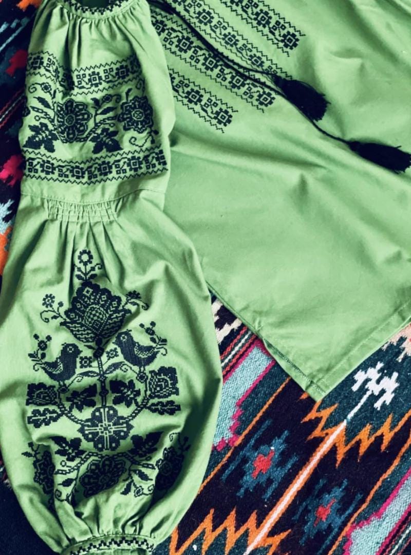 Green Boho Blouse, Black Bird Embroidery, Tree of Life Shirt, Ukrainian Vyshyvanka, Cotton Blend Tunic, Folk Festival Top, Custom Size Gift