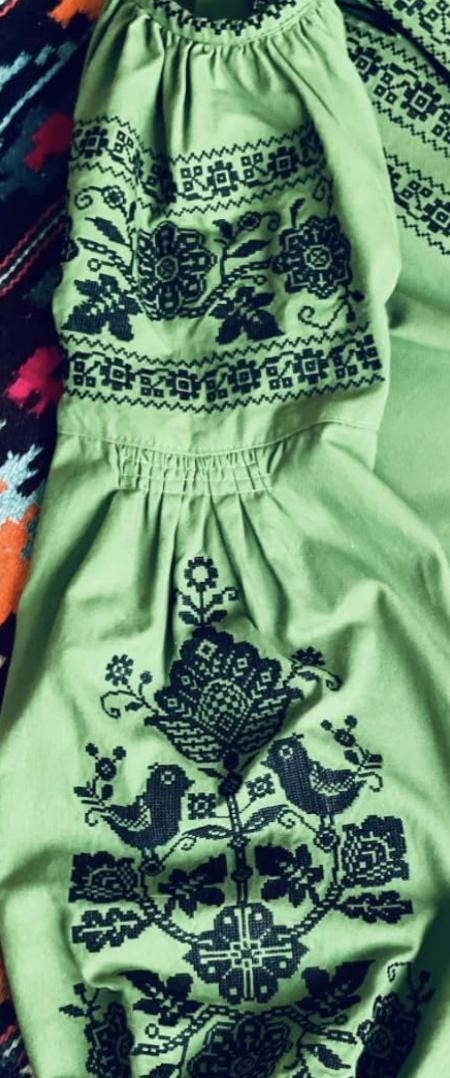 Green Boho Blouse, Black Bird Embroidery, Tree of Life Shirt, Ukrainian Vyshyvanka, Cotton Blend Tunic, Folk Festival Top, Custom Size Gift