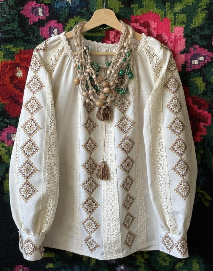 Hand Embroidered Linen Blouse, Beige Geometric Vyshyvanka, Openwork Merezhka Top, Ukrainian Folk Clothing, Custom Size, Gift for Her