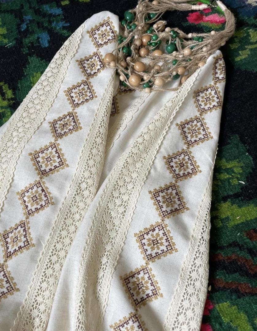 Hand Embroidered Linen Blouse, Beige Geometric Vyshyvanka, Openwork Merezhka Top, Ukrainian Folk Clothing, Custom Size, Gift for Her