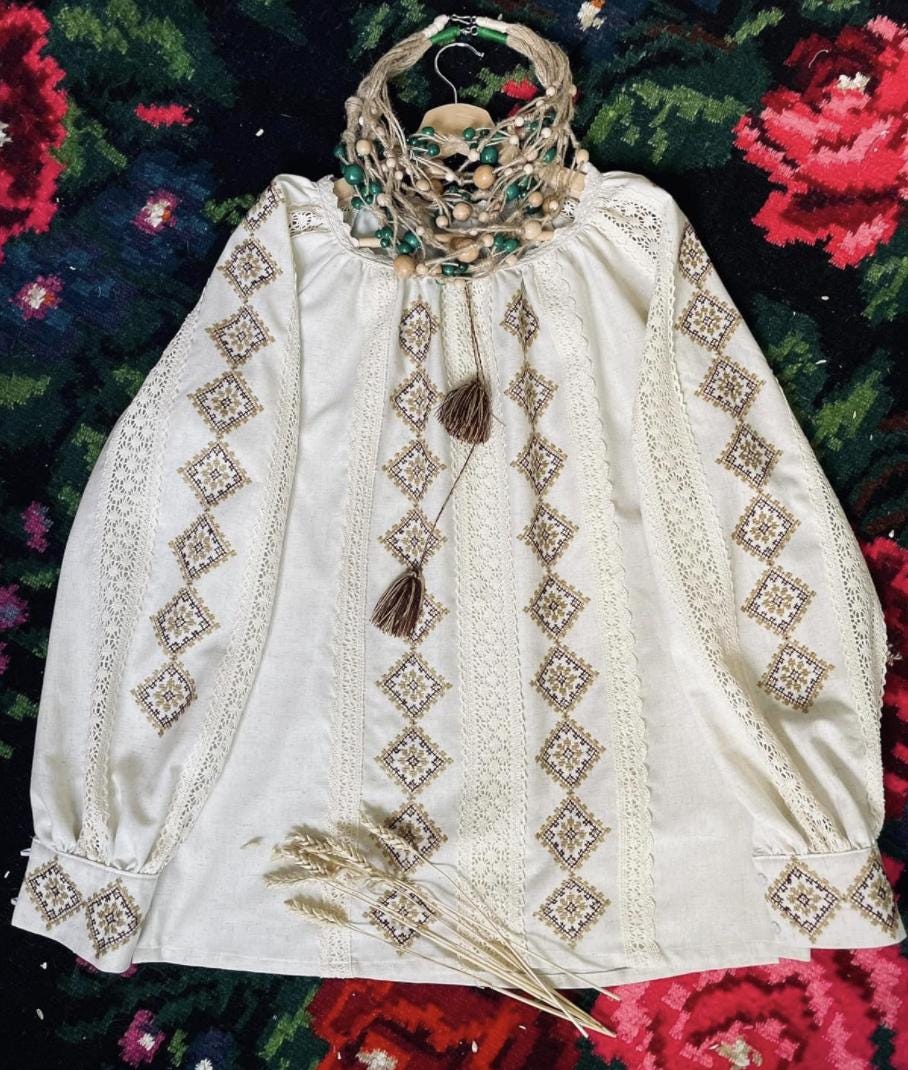 Hand Embroidered Linen Blouse, Beige Geometric Vyshyvanka, Openwork Merezhka Top, Ukrainian Folk Clothing, Custom Size, Gift for Her