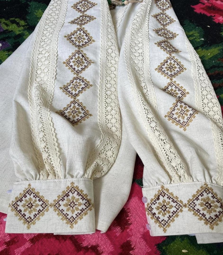 Hand Embroidered Linen Blouse, Beige Geometric Vyshyvanka, Openwork Merezhka Top, Ukrainian Folk Clothing, Custom Size, Gift for Her