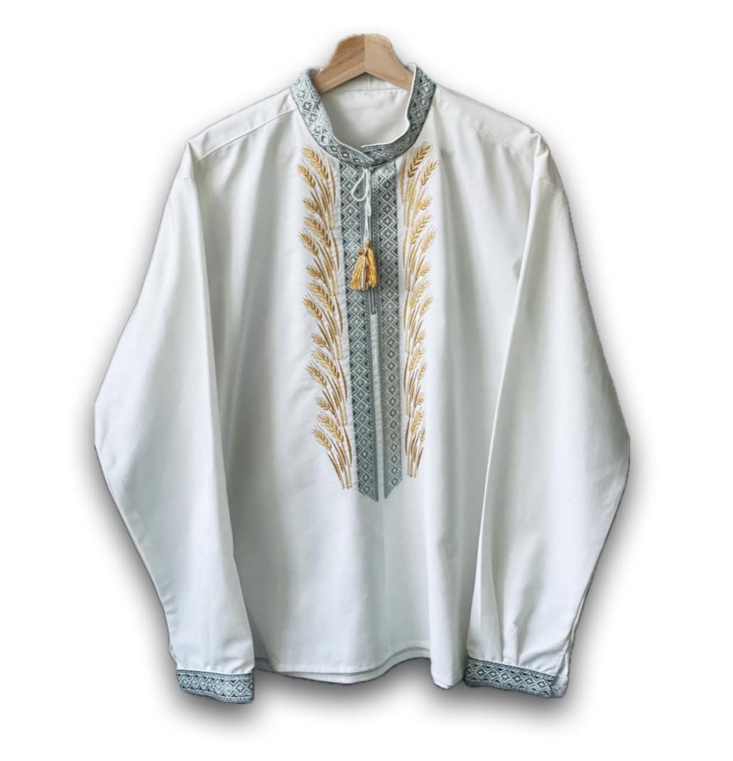 Embroidered Men’s Shirt – Ukrainian Vyshyvanka with Wheat Symbol and Folk Patterns