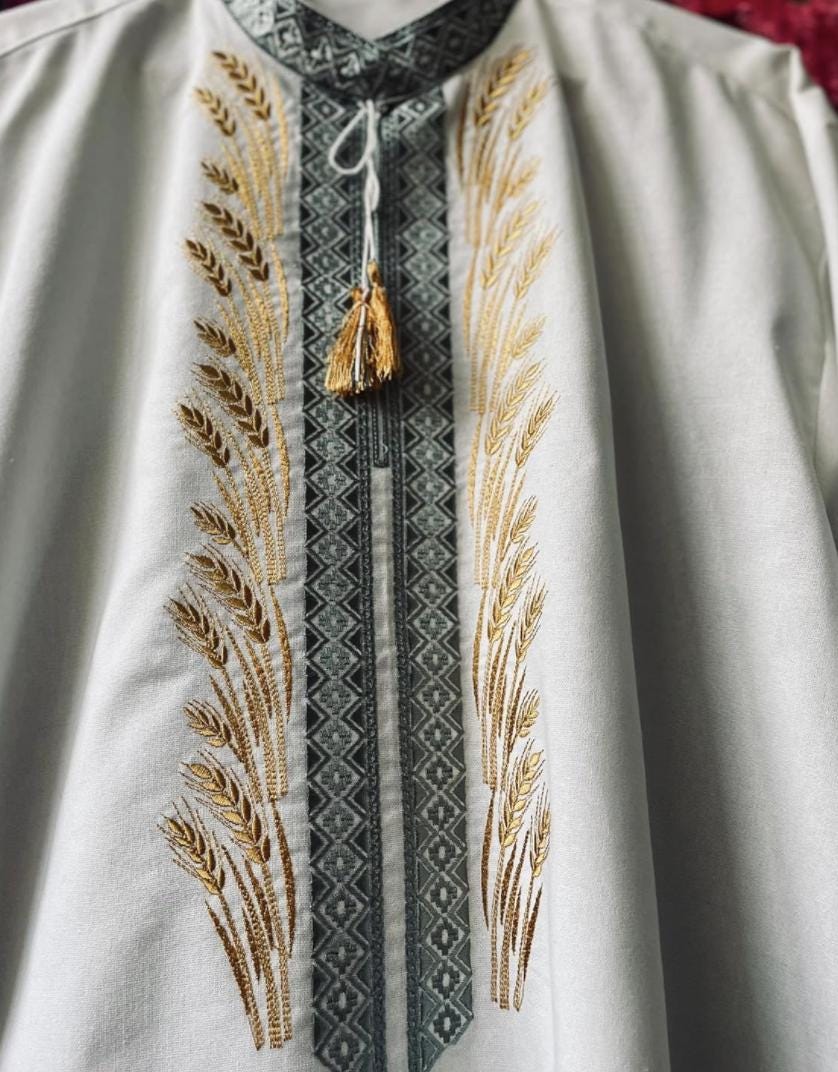 Embroidered Men’s Shirt – Ukrainian Vyshyvanka with Wheat Symbol and Folk Patterns