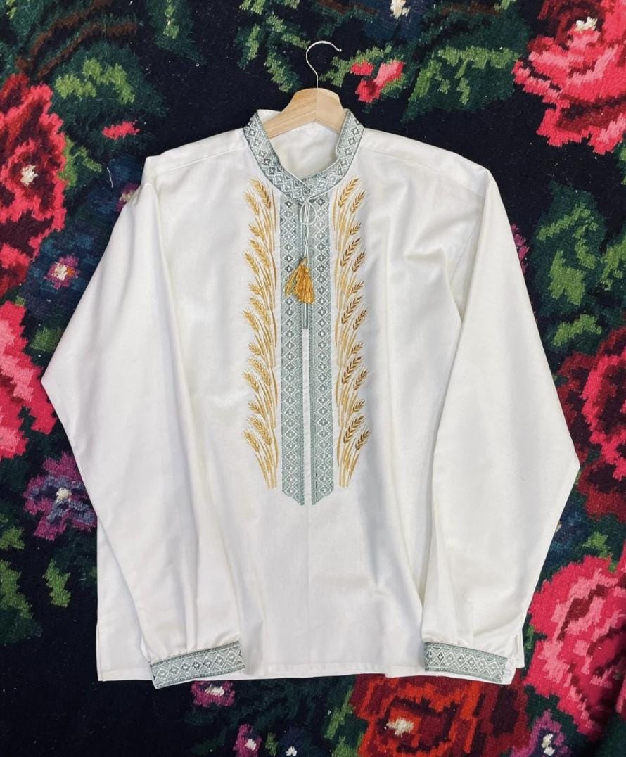 Embroidered Men’s Shirt – Ukrainian Vyshyvanka with Wheat Symbol and Folk Patterns