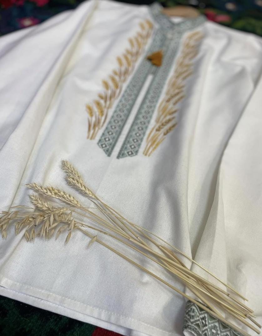 Embroidered Men’s Shirt – Ukrainian Vyshyvanka with Wheat Symbol and Folk Patterns