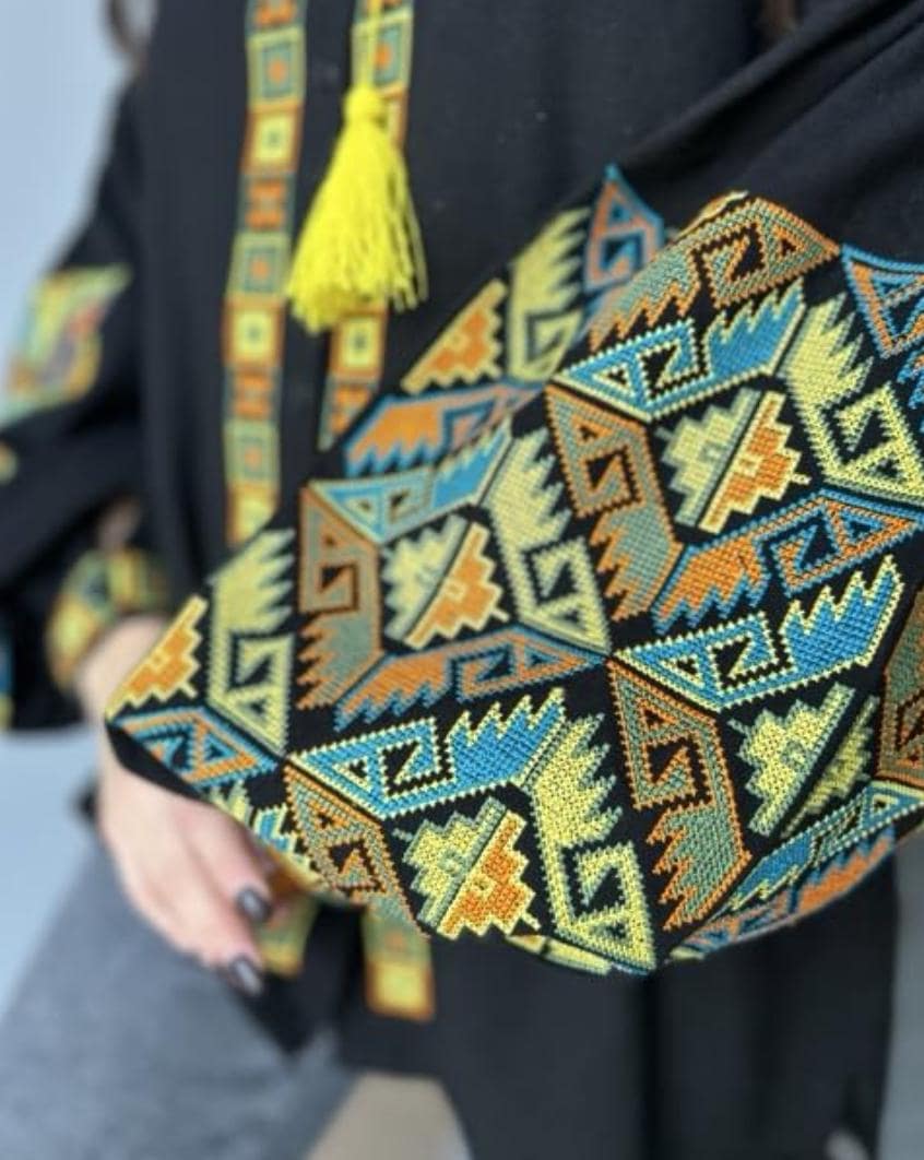 Black Linen Viscose Blouse, Geometric Boho Top, Yellow Tassels, Eco Gift Packaging, Plantable Tag, Custom Size Shirt, Ukrainian Vyshyvanka