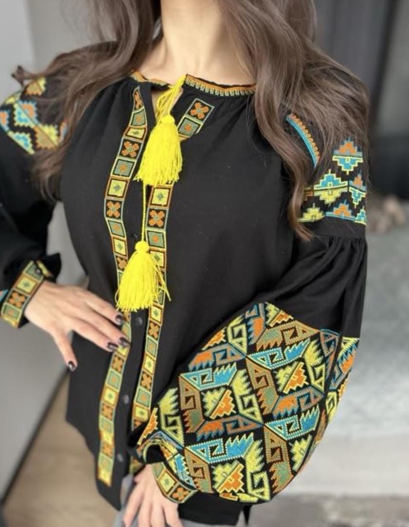 Black Linen Viscose Blouse, Geometric Boho Top, Yellow Tassels, Eco Gift Packaging, Plantable Tag, Custom Size Shirt, Ukrainian Vyshyvanka