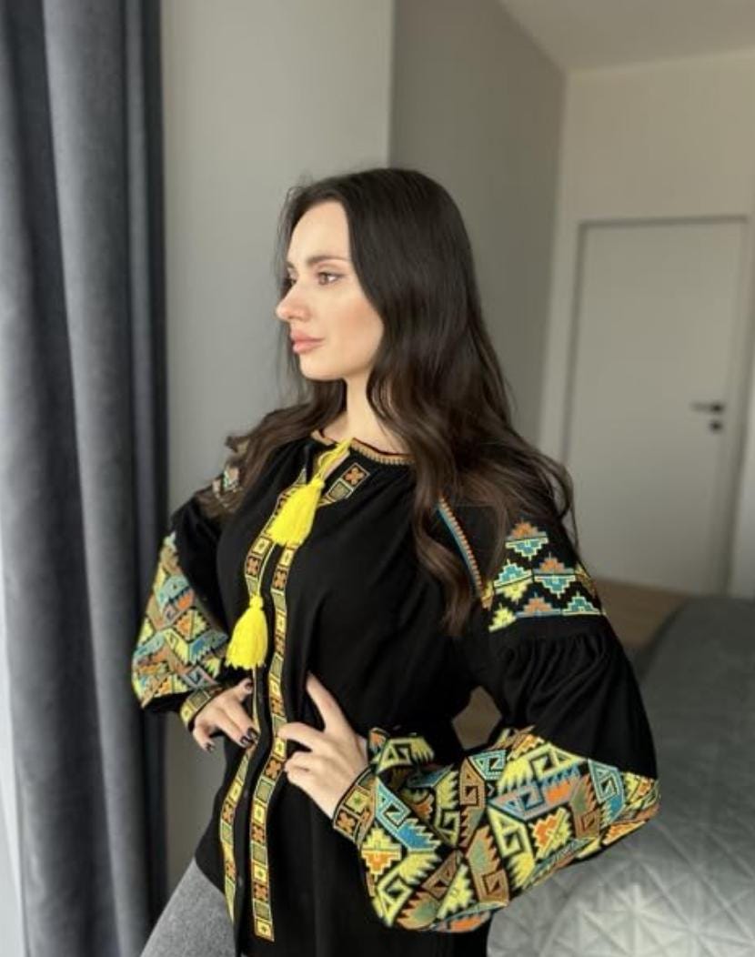 Black Linen Viscose Blouse, Geometric Boho Top, Yellow Tassels, Eco Gift Packaging, Plantable Tag, Custom Size Shirt, Ukrainian Vyshyvanka