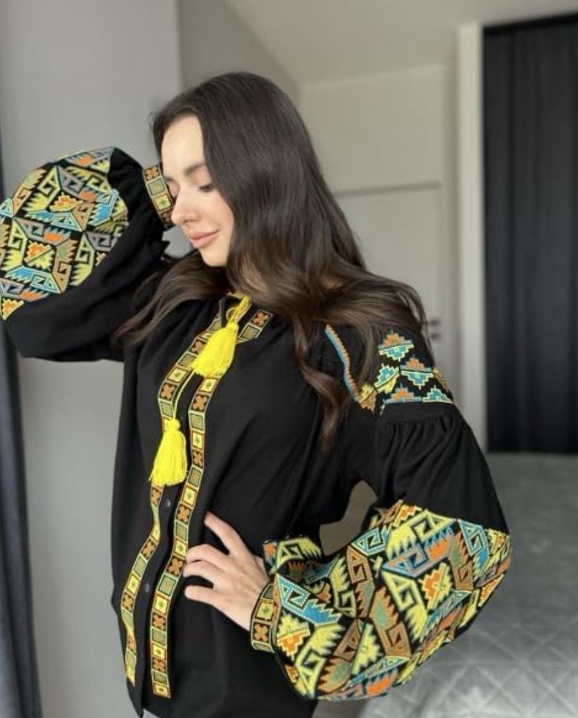 Black Linen Viscose Blouse, Geometric Boho Top, Yellow Tassels, Eco Gift Packaging, Plantable Tag, Custom Size Shirt, Ukrainian Vyshyvanka