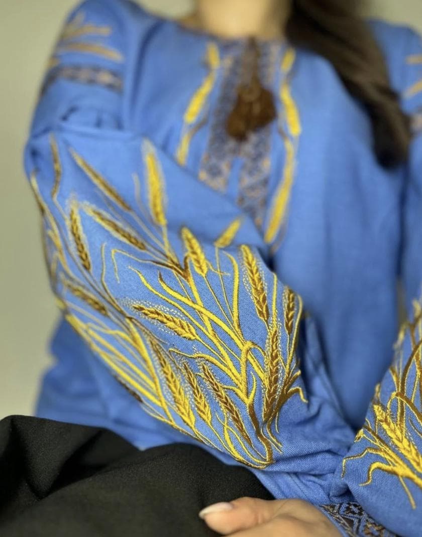 Blue Linen Viscose Blouse, Golden Wheat Embroidery, Ukrainian Vyshyvanka, Boho Peasant Top, Custom Fit Shirt