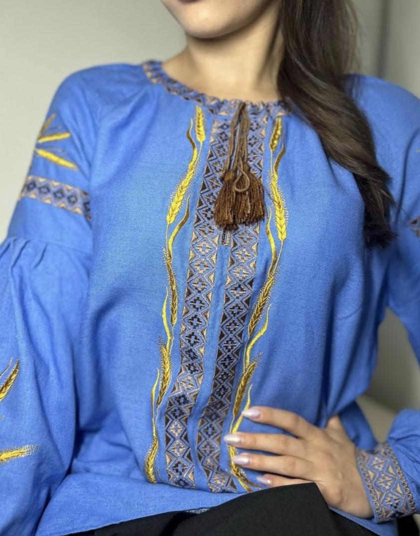Blue Linen Viscose Blouse, Golden Wheat Embroidery, Ukrainian Vyshyvanka, Boho Peasant Top, Custom Fit Shirt