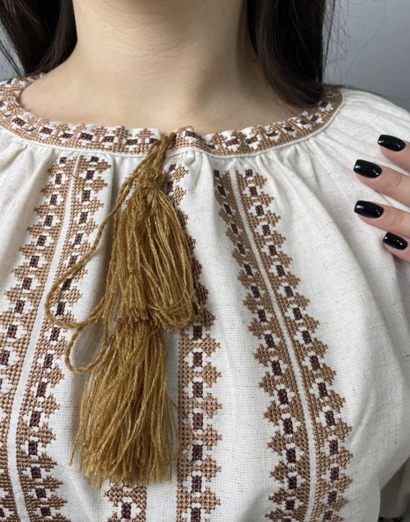 Handcrafted Peasant Top, Beige and Brown Shirt, Ukrainian Clothing, Modern Folk Blouse, Zero Waste Gift, Matching Family Look, Artisan